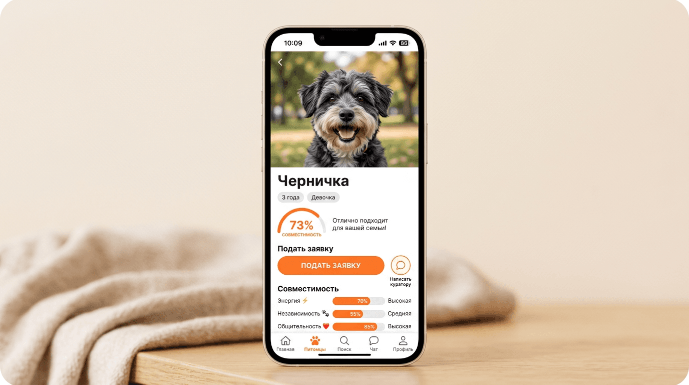 Карточка собаки с кнопкой подачи заявки на телефоне